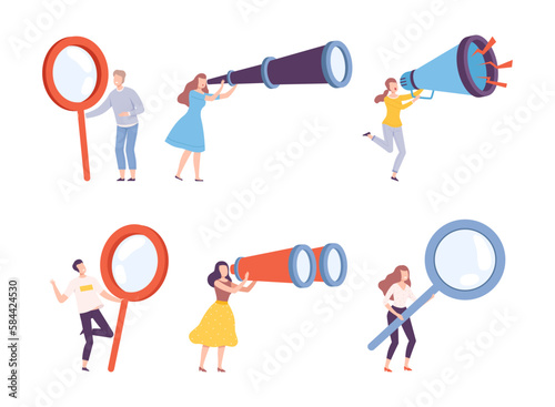 Man and Woman Character Holding Big Megaphone, Telescope and Magnifying Glass Vector Illustration Set