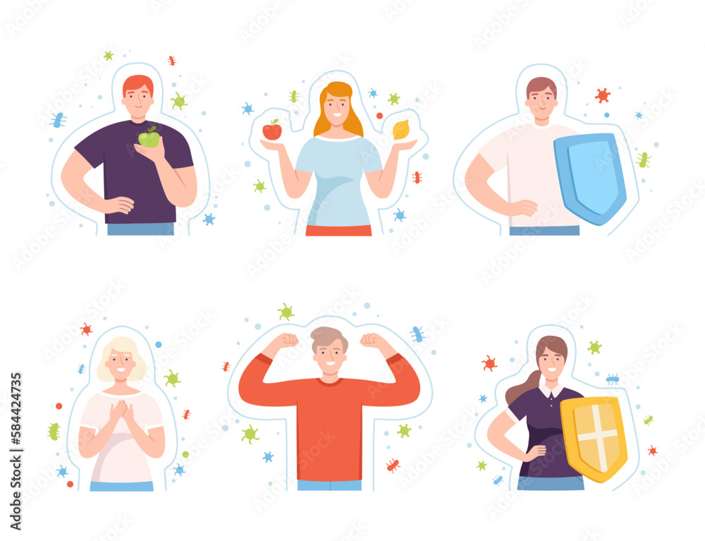 Young Male and Female with Invisible Barrier for Pathogen and Germs Vector Illustration Set Young Male and Female with Invisible Barrier for Pathogen and Germs Vector Illustration Set