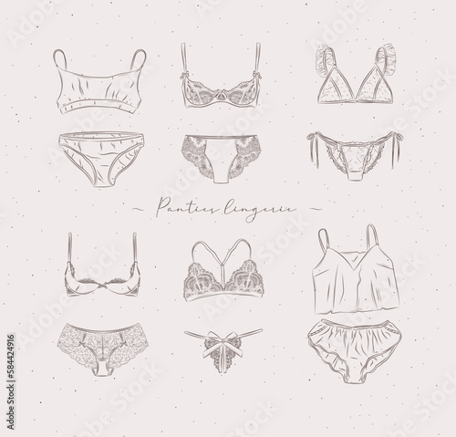 Lingerie set of panties and bras in graphic style, drawn on beige background