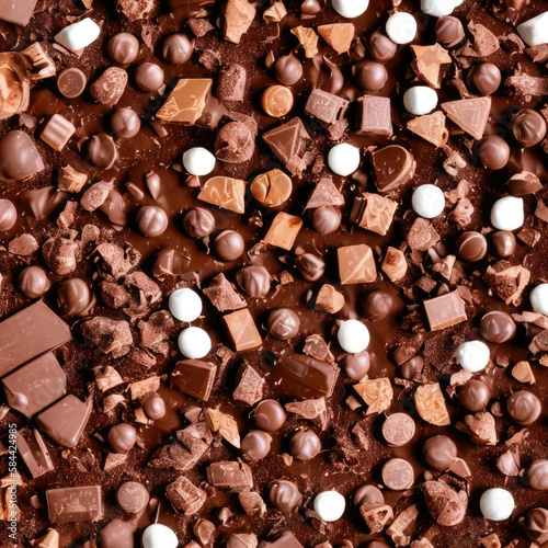 Composition of many bonbons and chocolate on color background. Texture Chocolate.