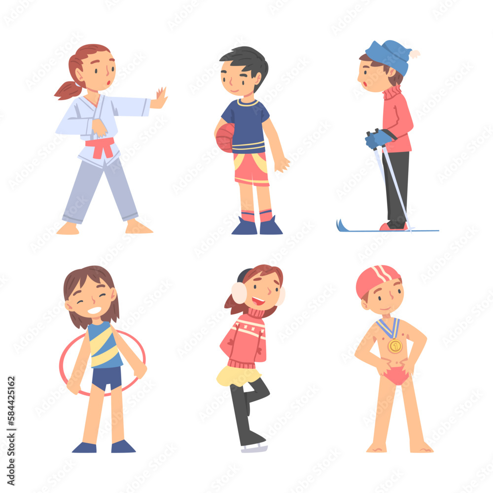 Little Boy and Girl Athlete Doing Different Sport Vector Set