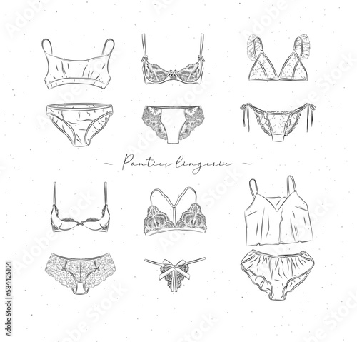 Lingerie set of panties and bras in graphic style, drawn on white background