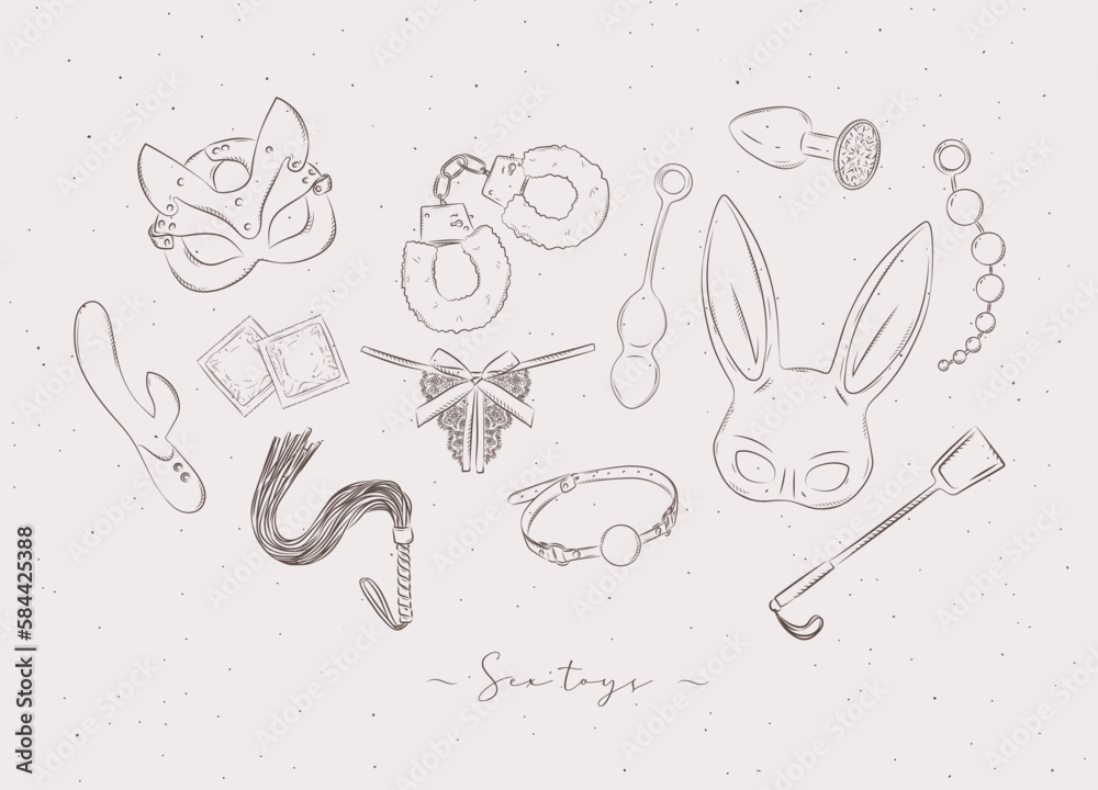 Sex toys and clothing accessory for adult games in graphic style, drawn on beige background