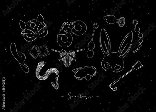 Sex toys and clothing accessory for adult games in graphic style, drawn on black background