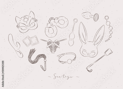 Obraz na płótnie Sex toys and clothing accessory for adult games in graphic style, drawn on beige background w salonie