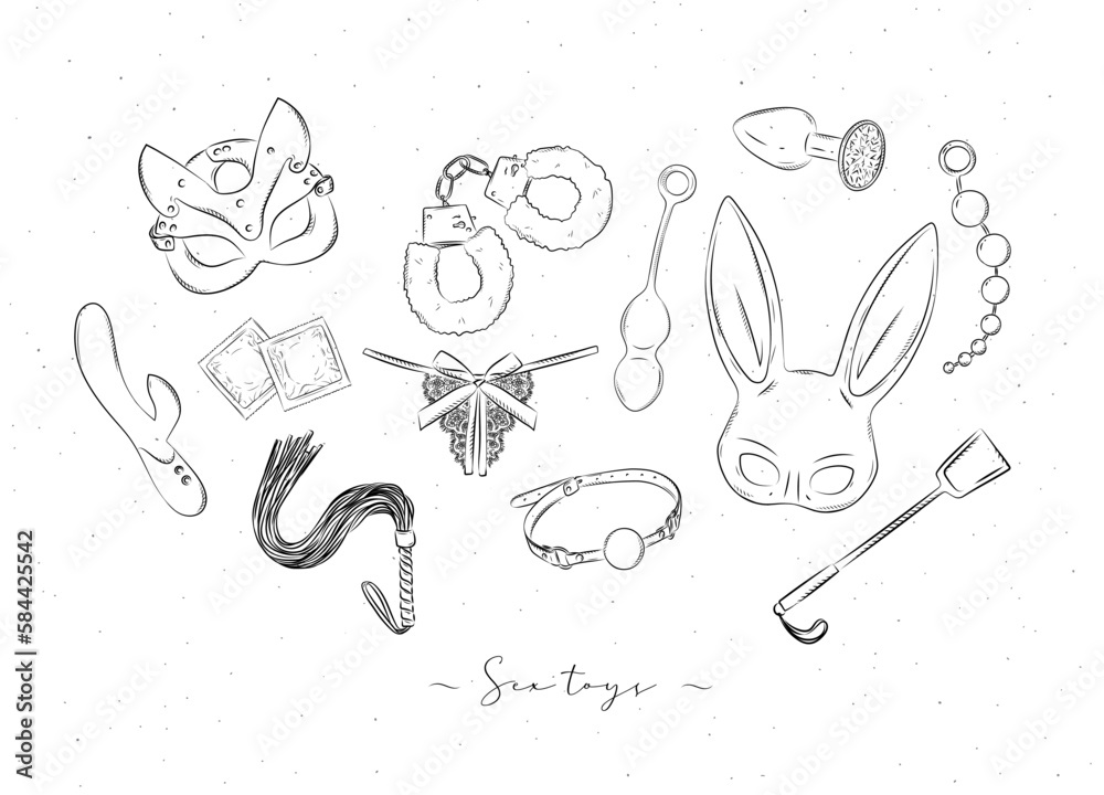 Sex toys and clothing accessory for adult games in graphic style, drawn on white background