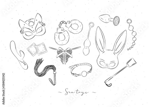 Obraz na płótnie Sex toys and clothing accessory for adult games in graphic style, drawn on white background w salonie