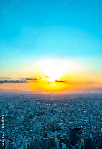 Photography Skyscrapers towering over the cityscape of Nishi-Shinjuku, Tokyo, Japan at sunse