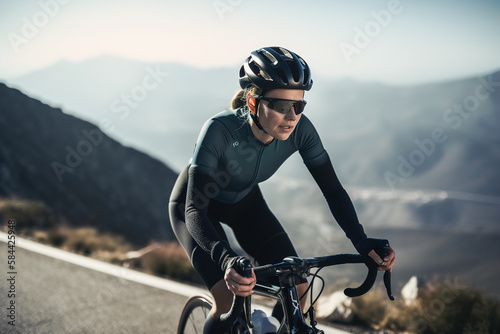 Woman practicing sports riding a bicycle in the mountains. Wearing a safe bicycle helmet. Generative ai