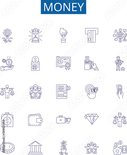 Money line icons signs set. Design collection of Cash, Currency, Wealth, Funds, Riches, Capital, Finances, Bank outline concept vector illustrations