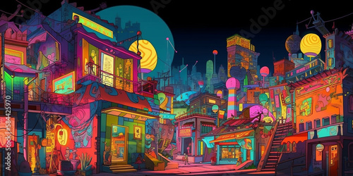 A city that blends the old and the new with neon lights Generative AI Digital Illustration Part#24032