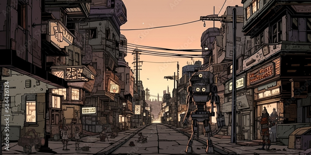 A city that has been abandoned by humans with only robots Generative AI Digital Illustration Part#24032