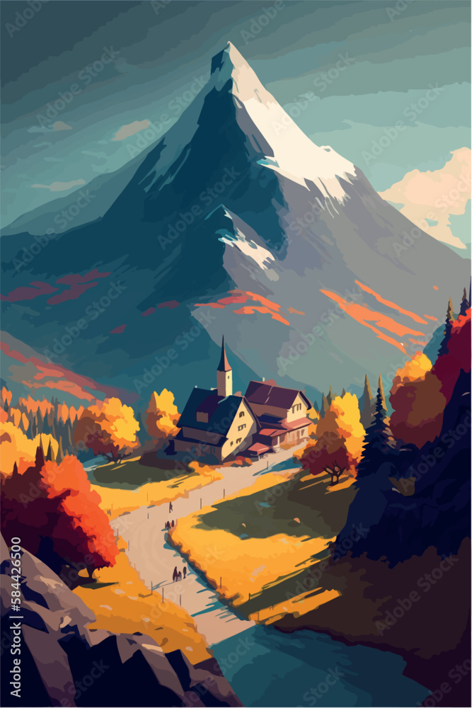 Fantastic mountain village. Town in the mountains. Magical vector art