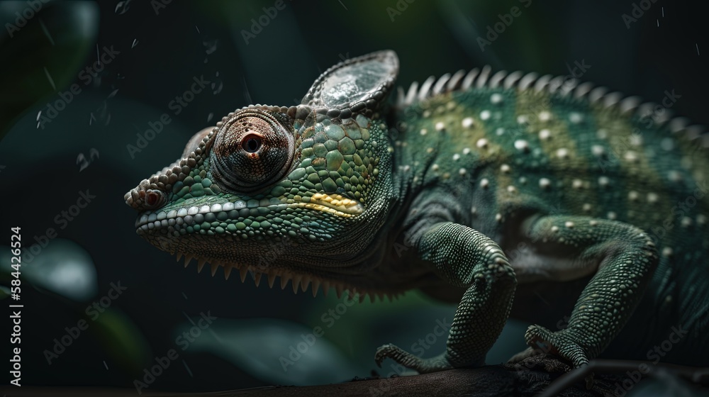 Fototapeta premium close up chameleon lizard face in nature atmosphere, Generative Ai