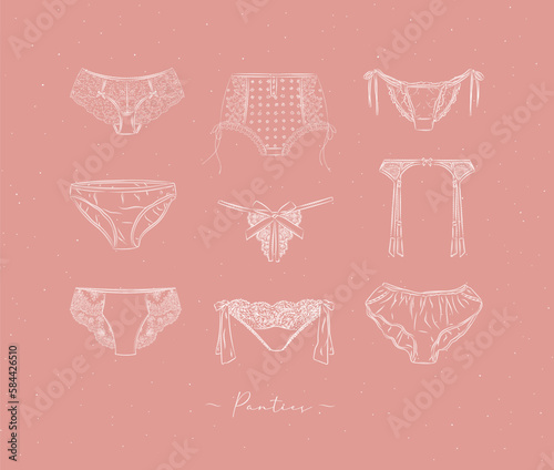 Lace sexy panties collection drawn in graphic style on peach color background