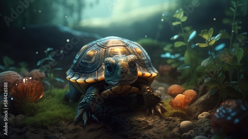 cute turtle character in cartoon style in nature atmosphere, Generative Ai