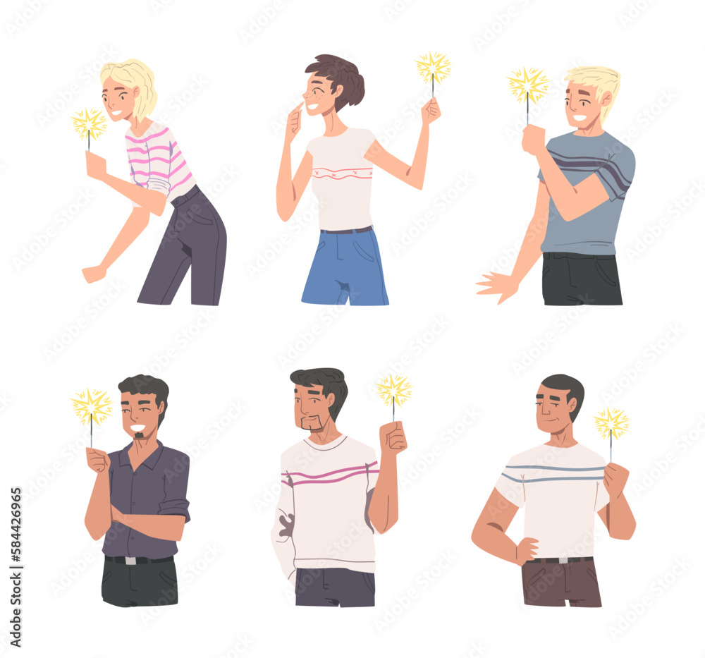 Happy Man and Woman Character with Festive Sparkler in Hands Celebrating Holiday Vector Set Happy Man and Woman Character with Festive Sparkler in Hands Celebrating Holiday Vector Set