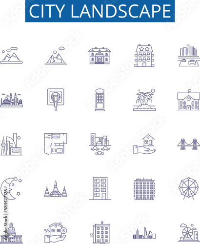 City landscape line icons signs set. Design collection of Urban, skyline, streetscape, skyline, architecture, metropolis, vista, hustle outline concept vector illustrations