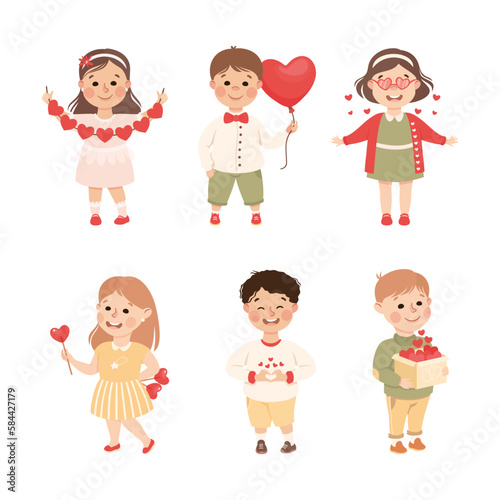 Cute Little Boy and Girl in Love with Heart Gift Feeling Passion Vector Set