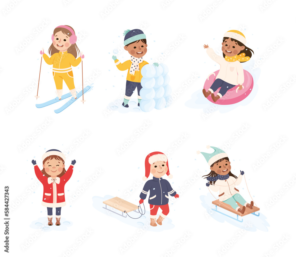 Excited Boy and Girl Enjoying Winter Outdoor Activity Vector Set Excited Boy and Girl Enjoying Winter Outdoor Activity Vector Set