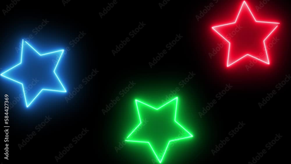 Three drawn five-pointed stars. Stars made of neon lines, red blue and green. Isolated on a black background, minimalistic footage for the video screensaver. Three drawn five-pointed stars. Stars made of neon lines, red blue and green. Isolated on a black background, minimalistic footage for the video screensaver.