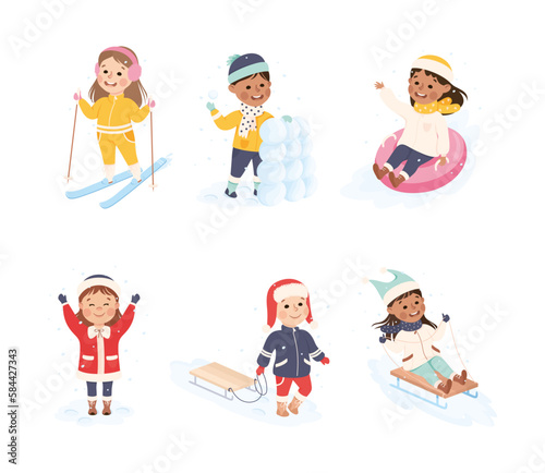 Excited Boy and Girl Enjoying Winter Outdoor Activity Vector Set