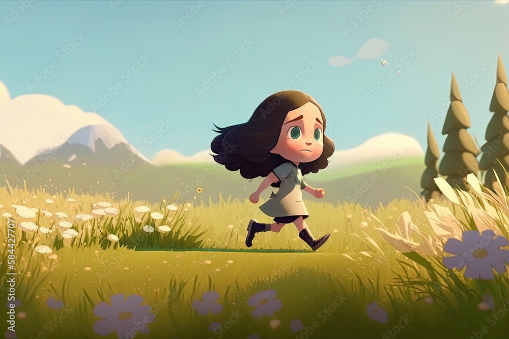 Cute Cartoon Little Girl Character Running in a Meadow (Generative AI ...
