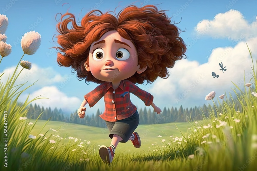 Cute Cartoon Little Girl Character Running in a Meadow (Generative AI ...