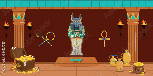 Vector illustration of the tomb of the pharaoh in cartoon style. An ancient room with gold in chests, bags and pots illuminating with torches. Ancient Egyptian symbols and culture.
