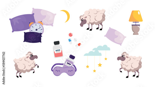 Vector illustration of a sleep set in cartoon style. Remedy for insomnia: pills, sleeping pills, sleep mask, night light, comfortable pillows and an alarm clock . Counting sheep in dreams.