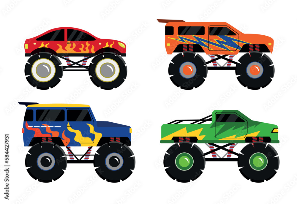 Vector illustration of a monster truck machine in cartoon style. Collection of colored cars isolated on white background. Trucks for racing. With obstacles.