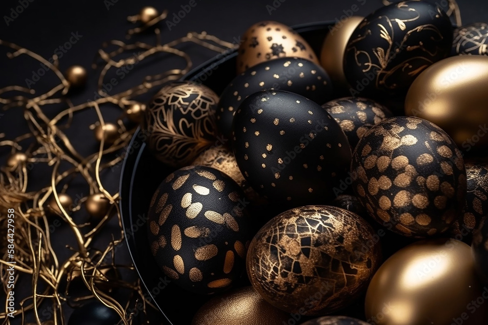 Happy Easter Luxury background with golden and black eggs. Generative AI.