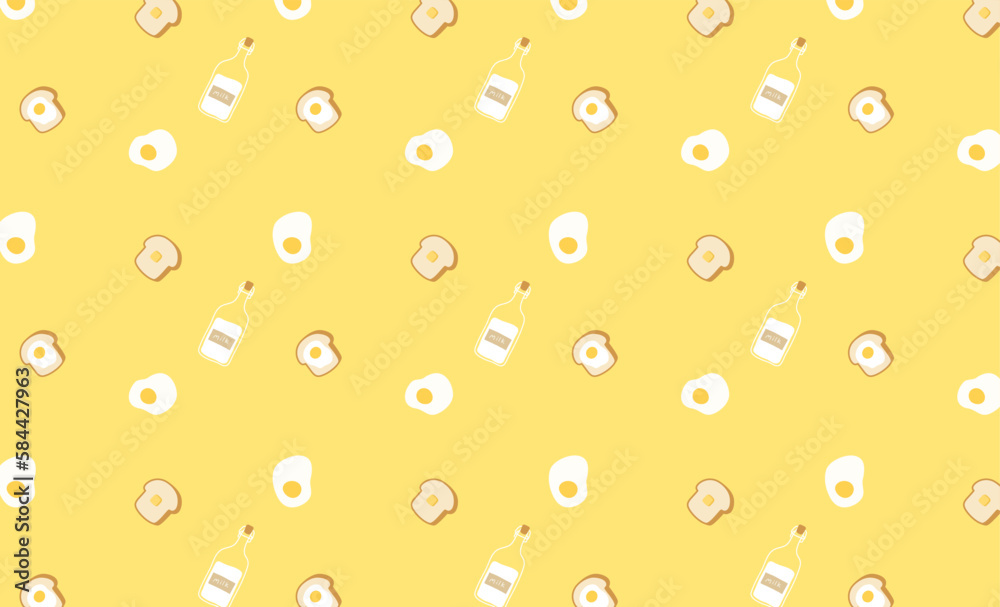 Cute fried egg, milk and bread breakfast pattern on yellow background. Pattern for kid, wrapping paper, textile, backdrop, wallpaper. Flat vector illustration.