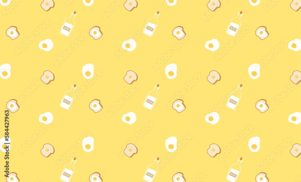 Cute fried egg, milk and bread breakfast pattern on yellow background. Pattern for kid, wrapping paper, textile, backdrop, wallpaper. Flat vector illustration. Cute fried egg, milk and bread breakfast pattern on yellow background. Pattern for kid, wrapping paper, textile, backdrop, wallpaper. Flat vector illustration.