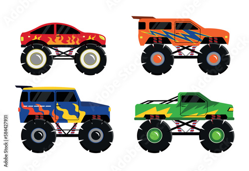 Vector illustration of a monster truck machine in cartoon style. Collection of colored cars isolated on white background. Trucks for racing. With obstacles. © MVshop