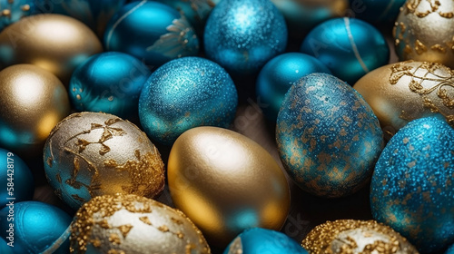 Happy Easter Luxury background with golden and blue eggs. Generative AI.