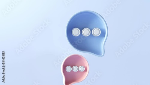 Three bubble talk or comment sign symbol moving on blue background. Social bubble of customer's review. 3d render animation. Bubble talk pink and blue 3d icons. Dialogue icon. Dialogue concept