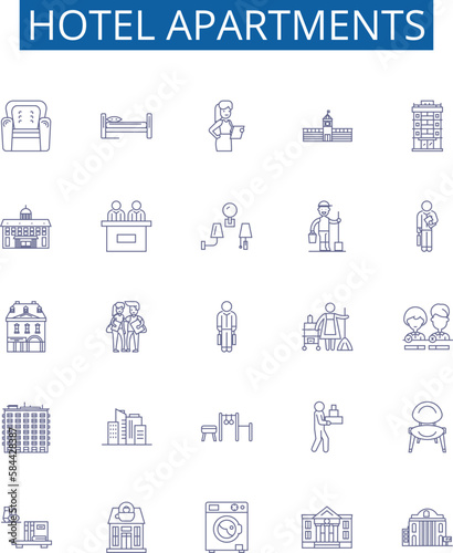 Hotel apartments line icons signs set. Design collection of Hotel, Apartments, Accommodation, Lodging, Suites, Residence, Hostel, Flat outline concept vector illustrations