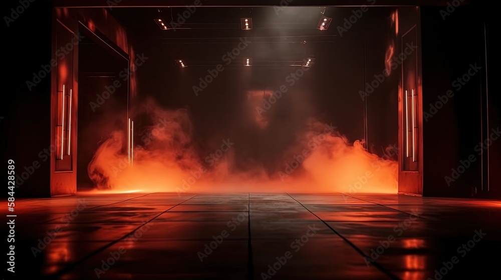 illustration of spotlights shine on stage floor in dark room with burning flame , fire effect ground, idea for background, backdrop Generative Ai