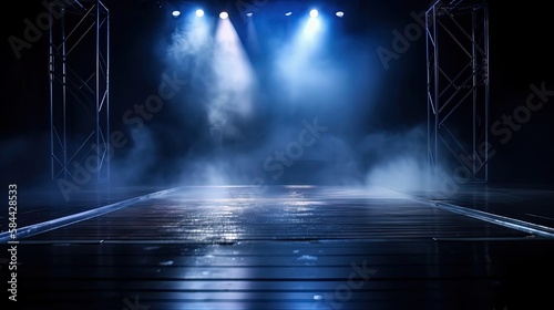 spotlights shine on stage floor in dark room, idea for background backdrop, abandon room or warehouse, Generative Ai © QuietWord