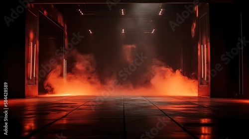 illustration of spotlights shine on stage floor in dark room with burning flame , fire effect ground, idea for background, backdrop Generative Ai