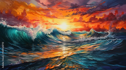 paint like illustration of wave crashing on shore in fantasy fairytale moon, Generative Ai 