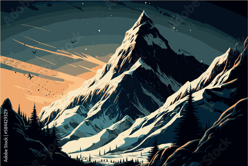 Mountain scenery. Landscape wallpaper of beautiful moutain design. Vector art of picturesque outdoor. Graphic design of rocks. Amazing view. Minimal adventure and travel card or poster. Natural view.
