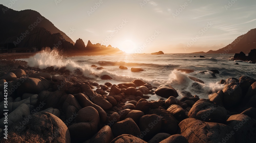 Obraz premium seascape with sunlight at horizon, happy lively day, Generative Ai