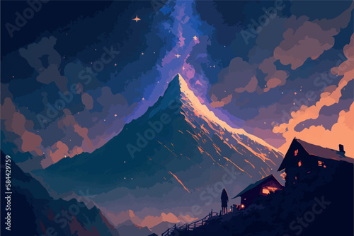 Milky way over the mountain. Fantasy magical landscape. Vector art painting of hand drawn scenery. Concept art for video games. Moody and romantic night sky. Stars and snowy mountains. Nature forest.