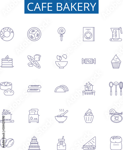 Cafe bakery line icons signs set. Design collection of Cafe, Bakery, Coffee, Pastries, Cupcakes, Cookies, Breads, Cakes outline concept vector illustrations