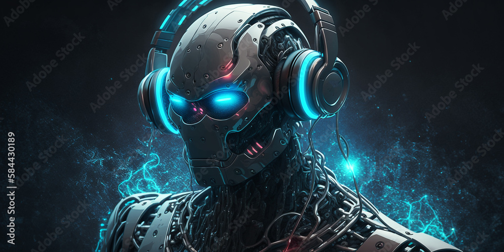 a robot with glowing eyes and headphones Generative AI Digital Illustration Part#24032
