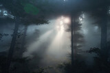Dark rainforest sun rays through trees with dense fog digital illustration AI generated