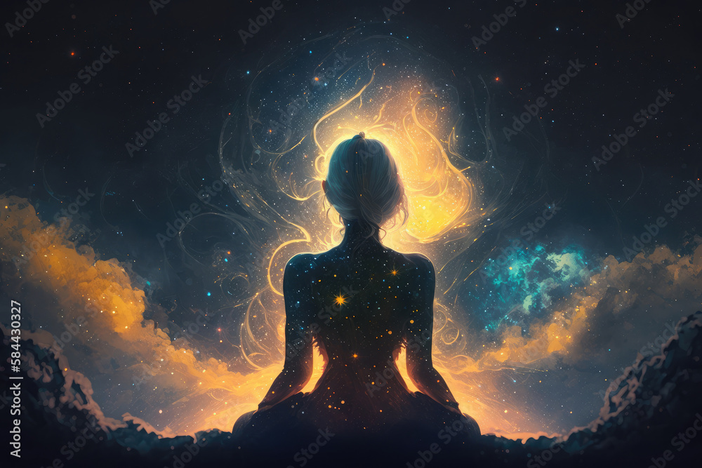 Yoga concept with back view woman sitting in lotus pose against starry sky background AI generated Yoga concept with back view woman sitting in lotus pose against starry sky background AI generated