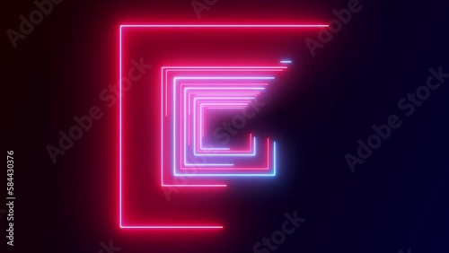 A tunnel of neon red and blue lines rapidly growing and moving. Square neon corridor immersion on a black background. Immersion in virtual reality minimal concept.